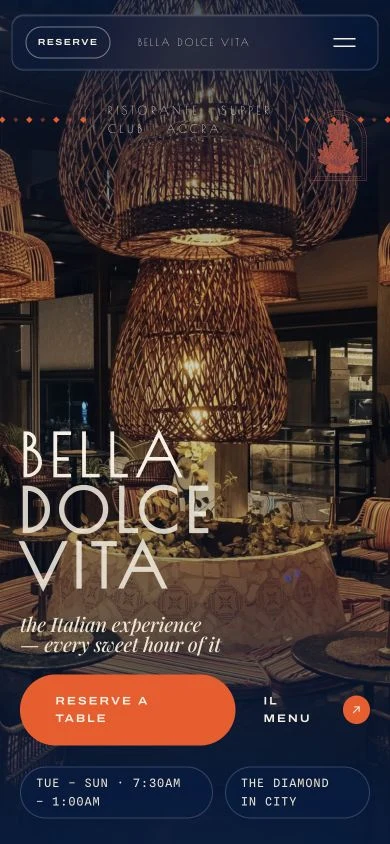 Bella Dolce Vita website at 390px phone width