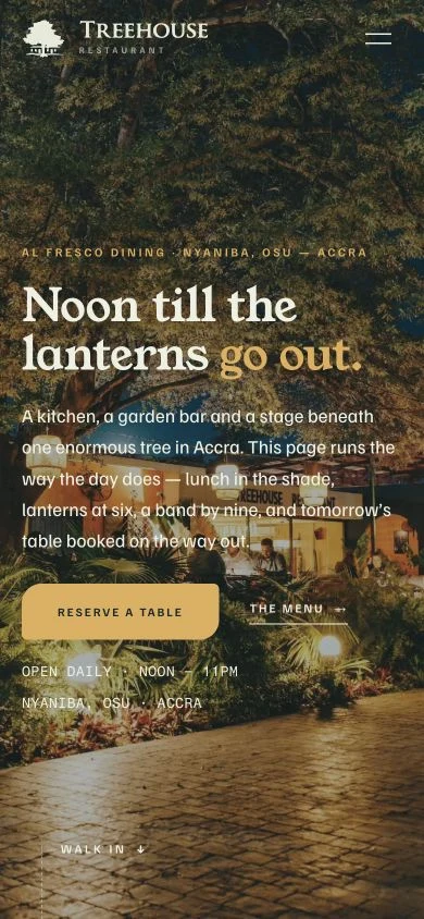 Treehouse website at 390px phone width